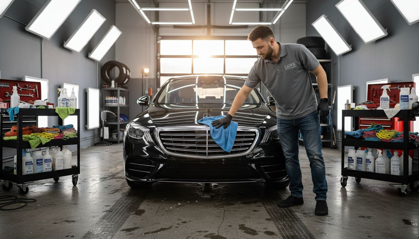 Detailer preparing luxury sedan in studio