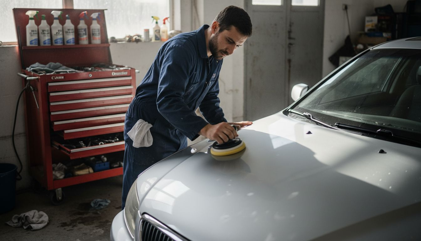 Auto detailer polishing sedan in garage
