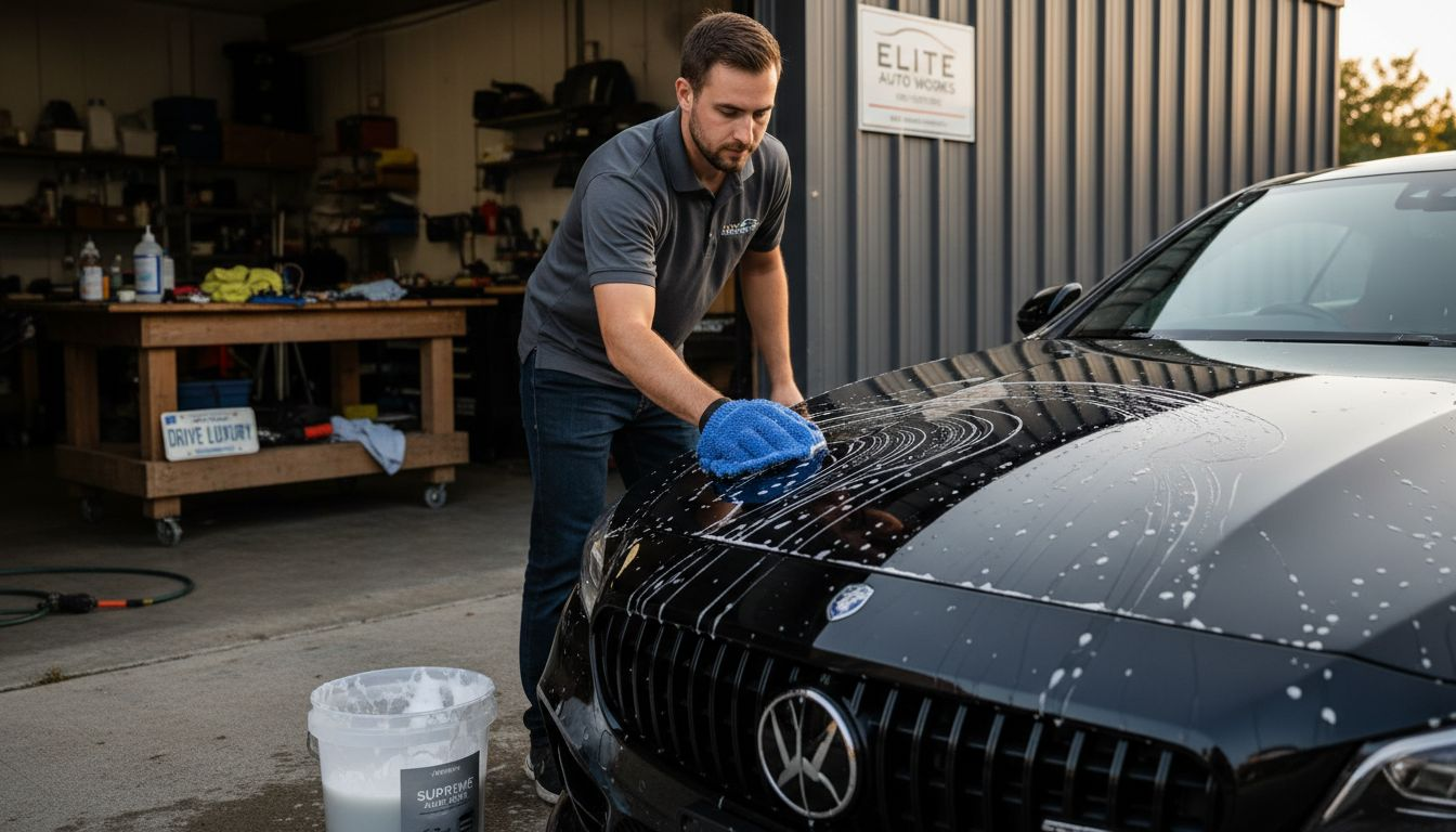 Hand washing a luxury car at detailing shop