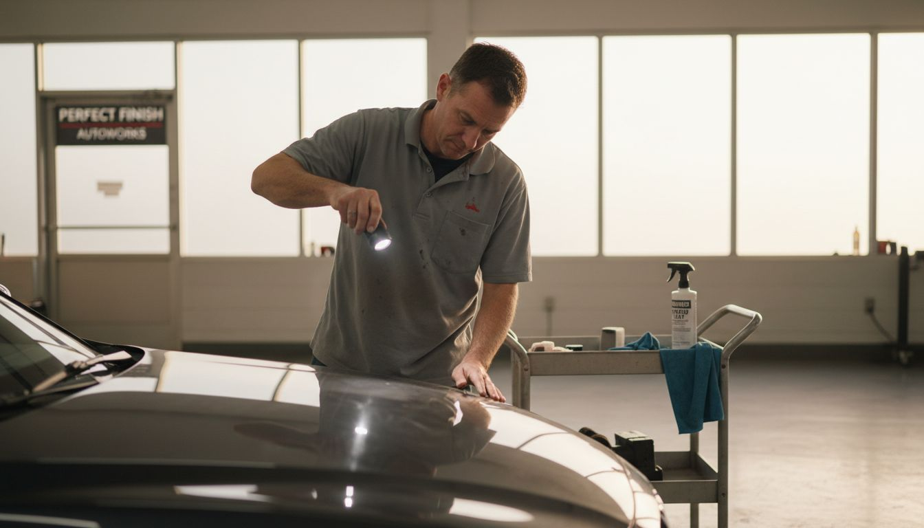 Technician inspecting car paint before film