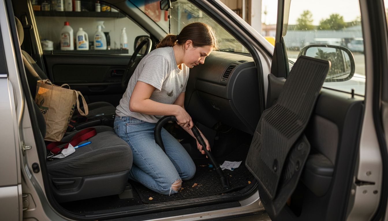 Woman vacuuming tight spaces in car interior