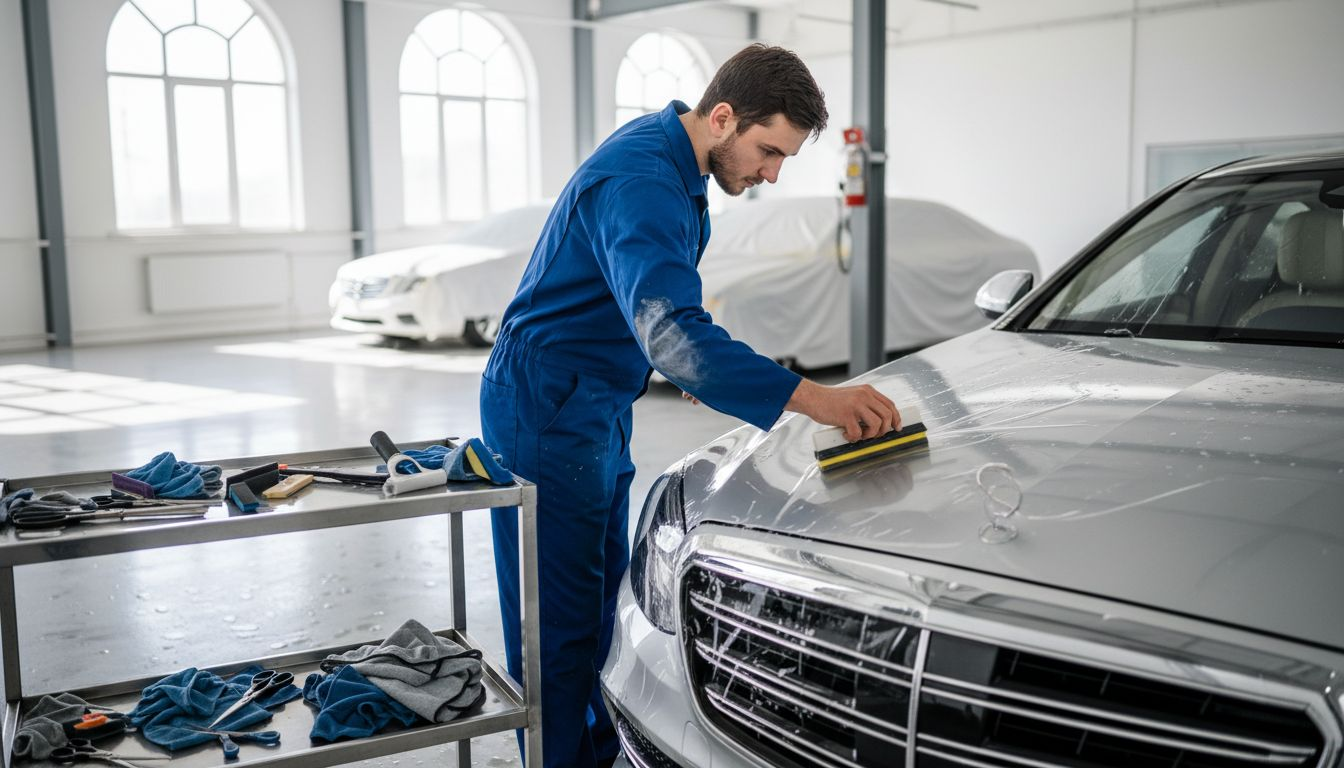 Technician applies paint protection film to car hood