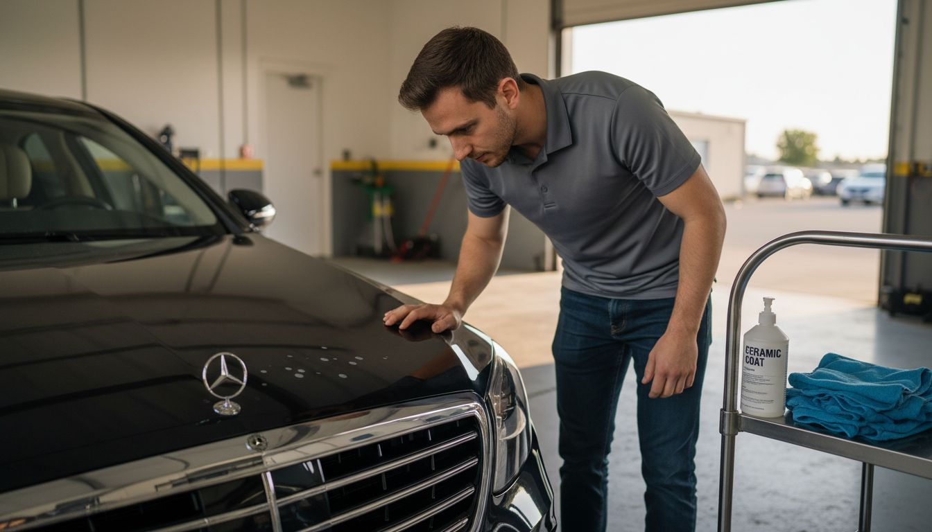 Detailer inspecting luxury car paint protection