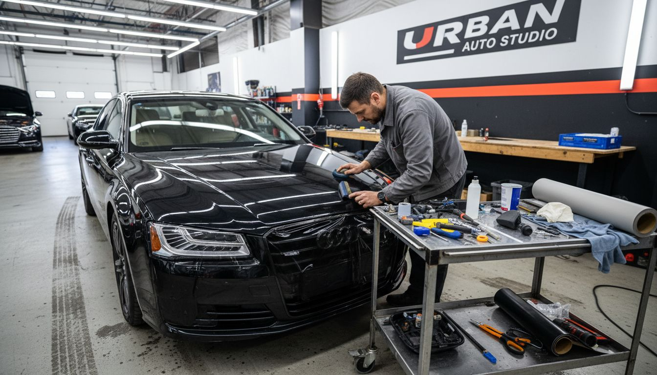 Technician applying headlight tint film