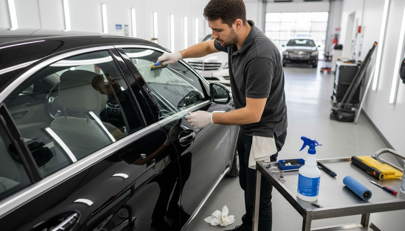 Technician tinting luxury Mercedes sedan window