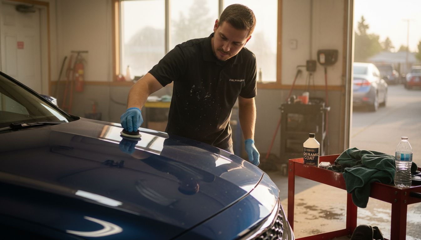 Detailer applying ceramic coating to car