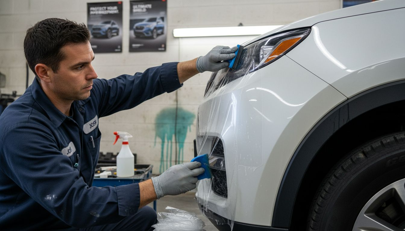 Installer applying paint protection film bumper