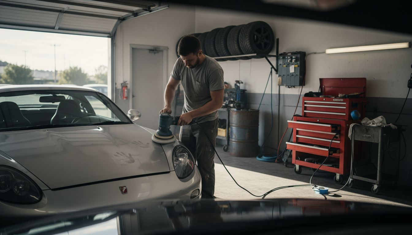 Technician polishing car hood during correction