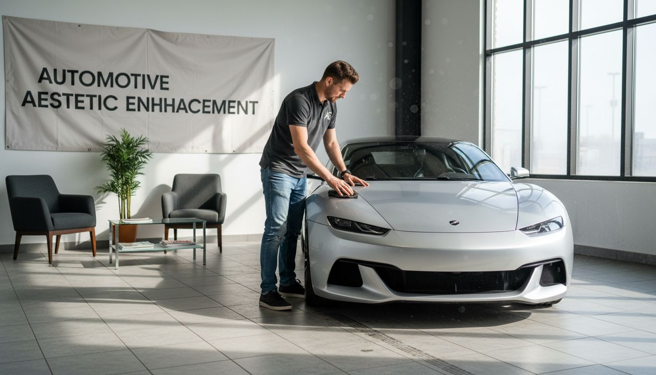 Technician prepares vehicle in enhancement studio
