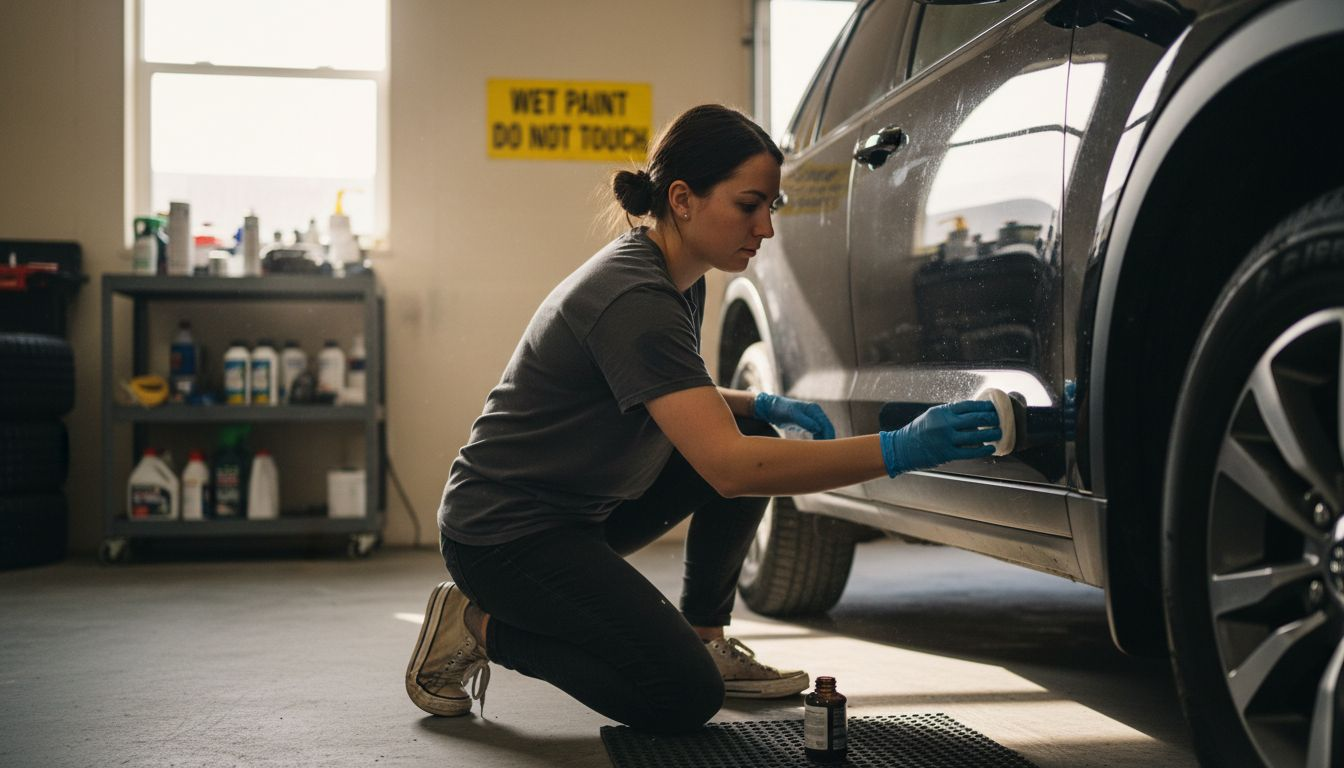 Applying ceramic coating to SUV in garage