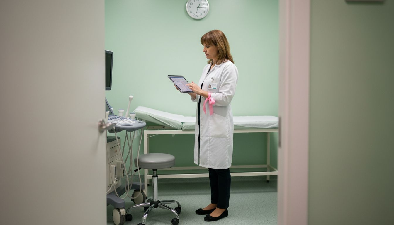 Fertility doctor using tablet in clinic room