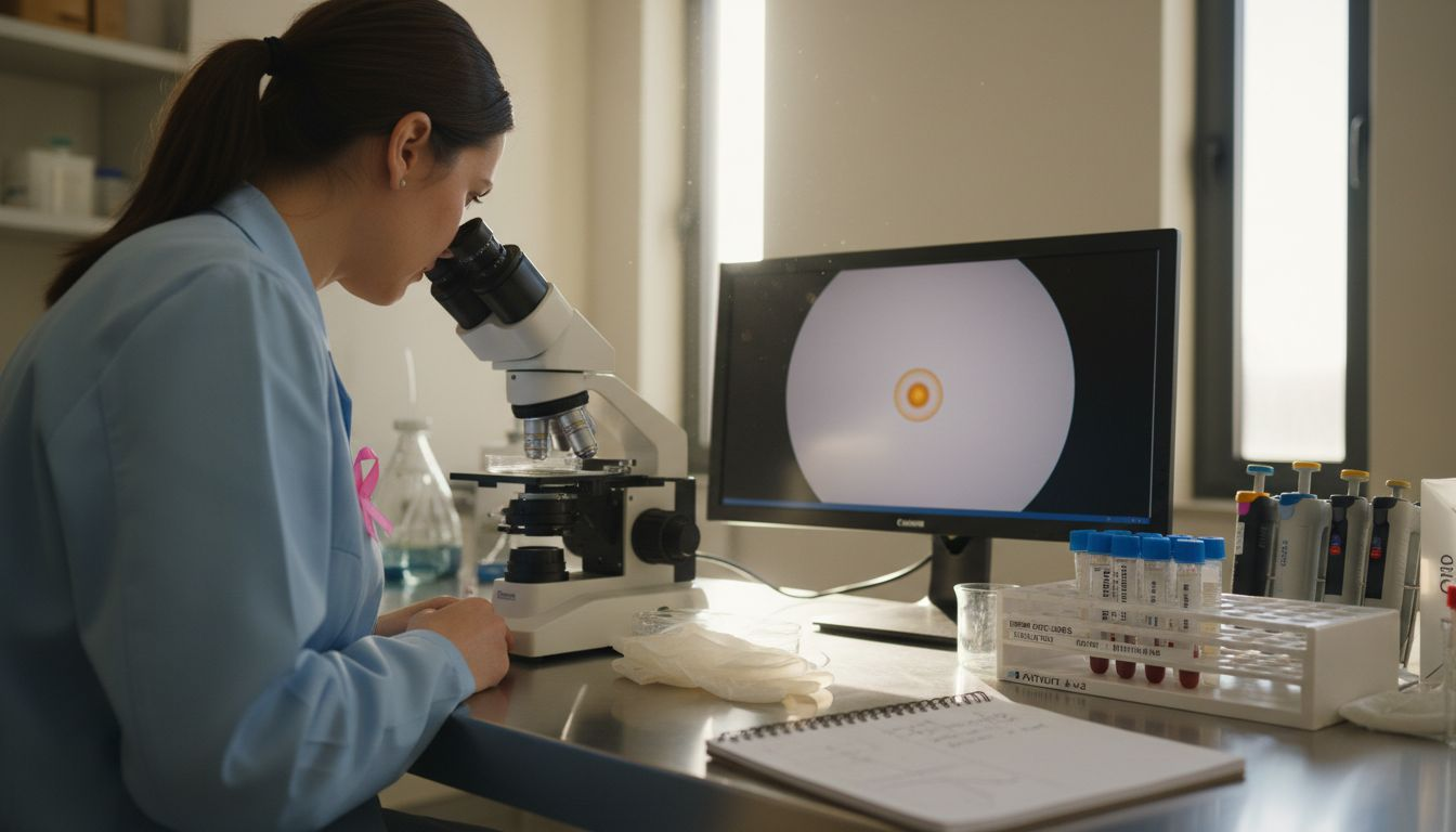 Lab technician analyzing eggs under microscope