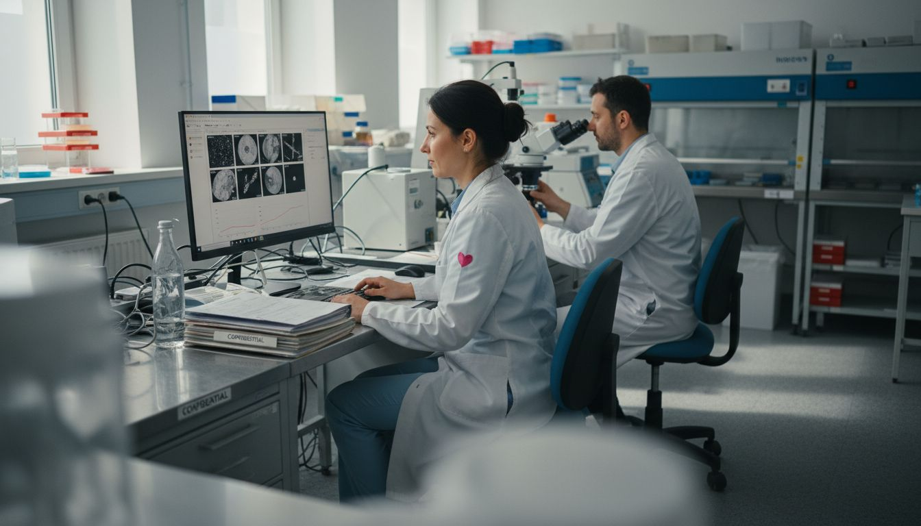 Embryologist and technician analyzing IVF data