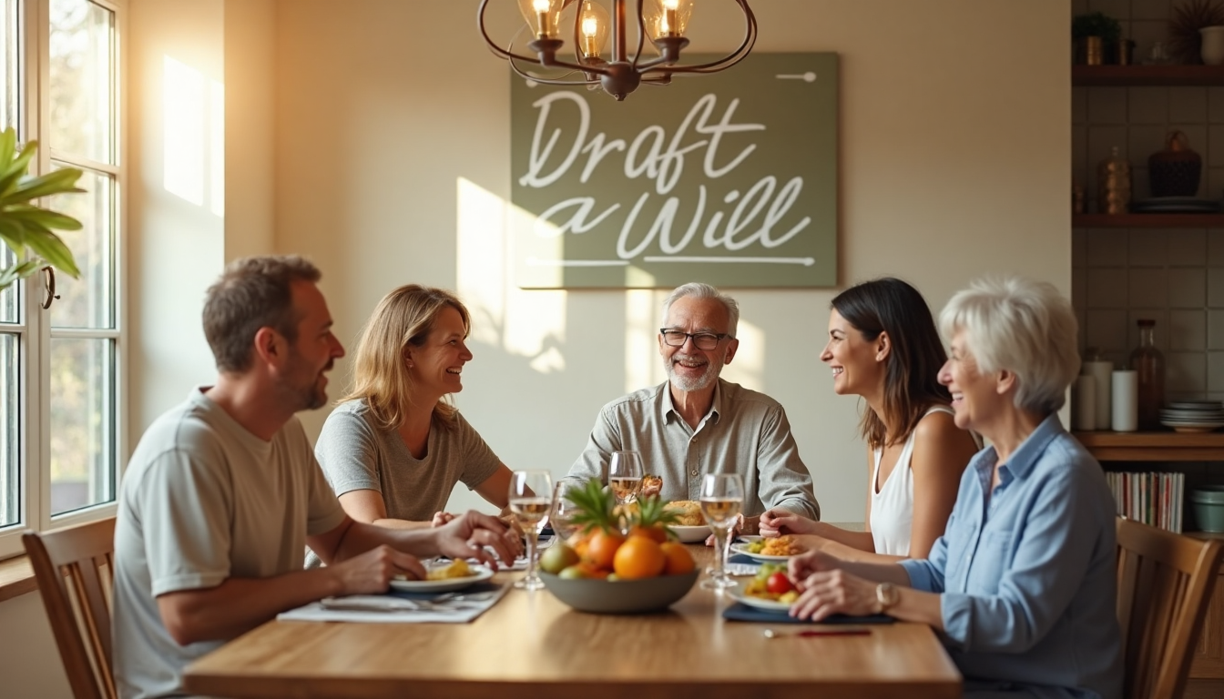 California family discussing a will around sunlit table