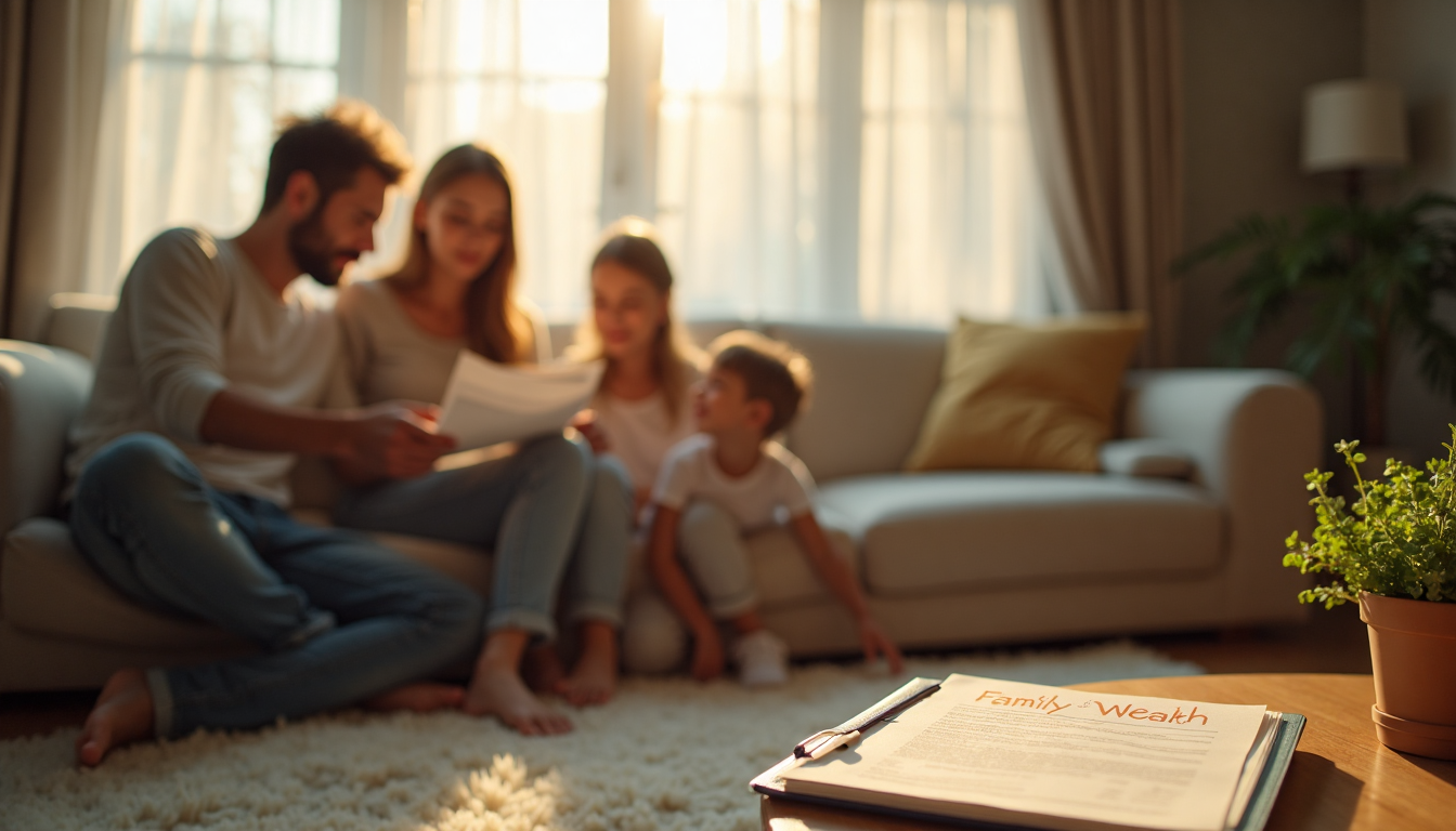 Parents reviewing guardianship documents while kids play at home