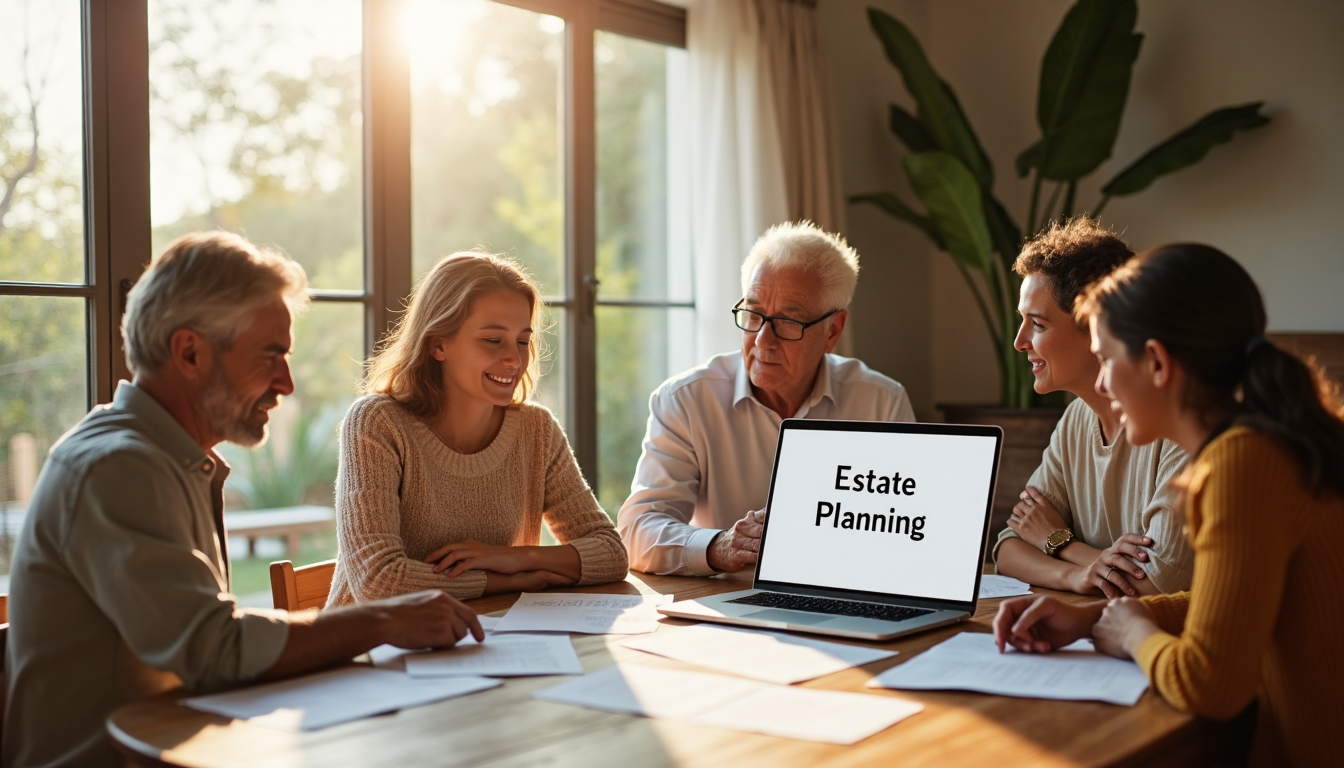 Multi-generational family discussing estate planning documents at home