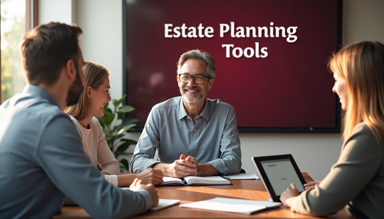 Family and attorney discussing estate planning with presentation screen
