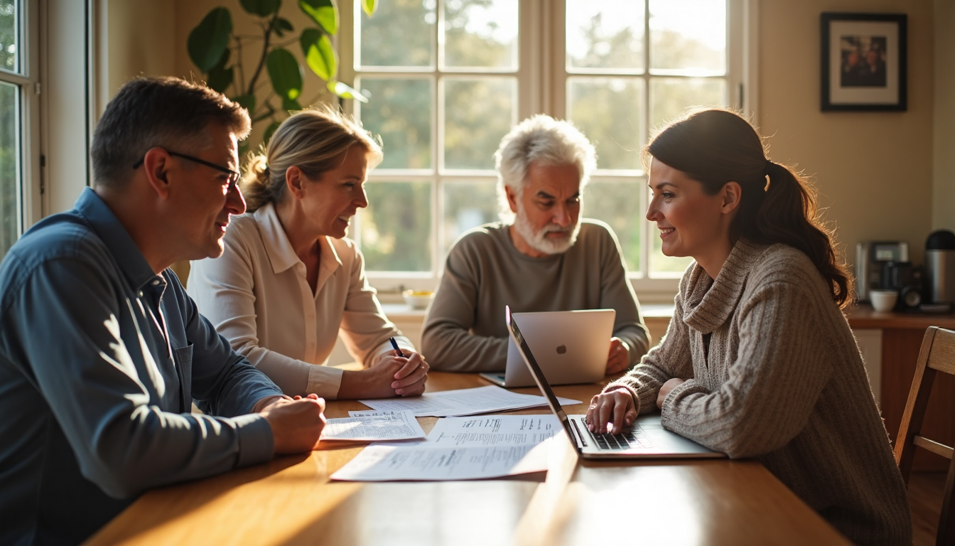 California family meeting around table planning estate with visible Probate Alternatives banner