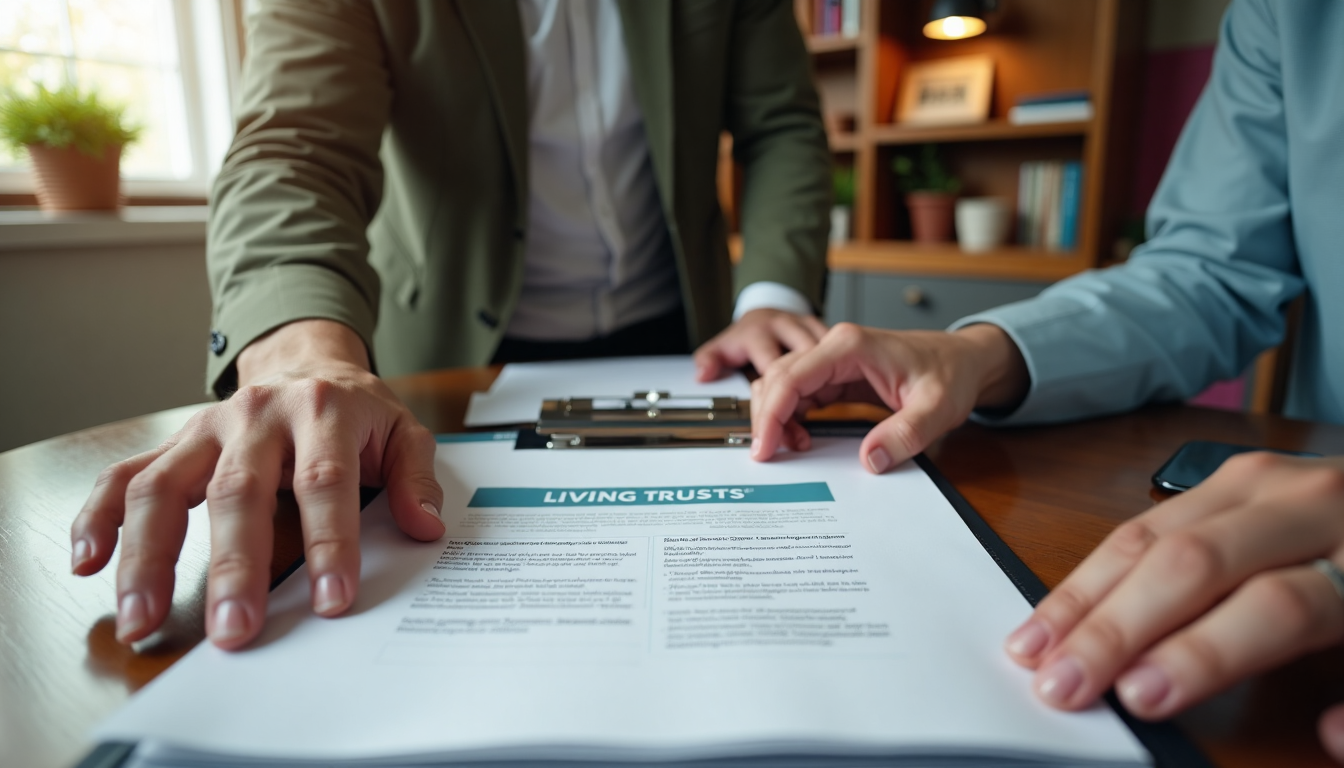 Adults reviewing trust documents with Living Trusts banner on legal folder