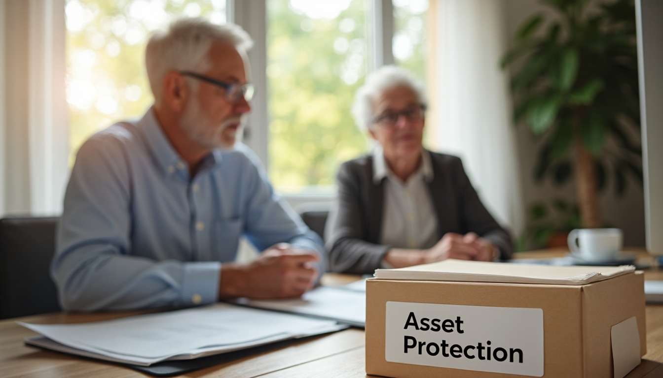 Two adults reviewing asset protection documents in sunlit office