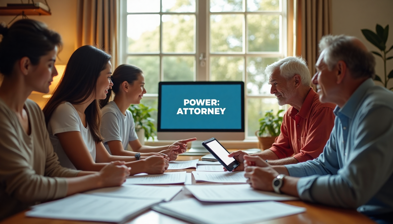 Multi-generational California family reviewing power of attorney documents together