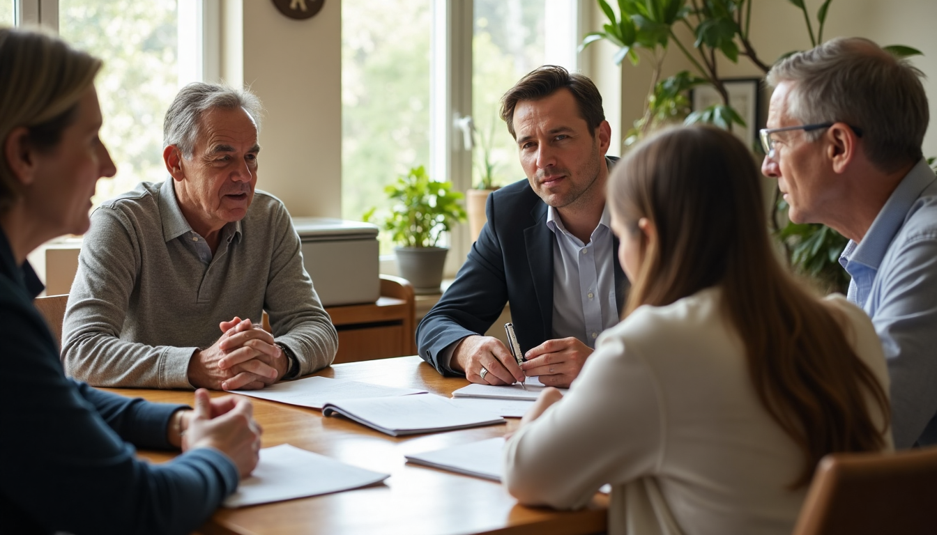 Family discussing probate process around a table in home