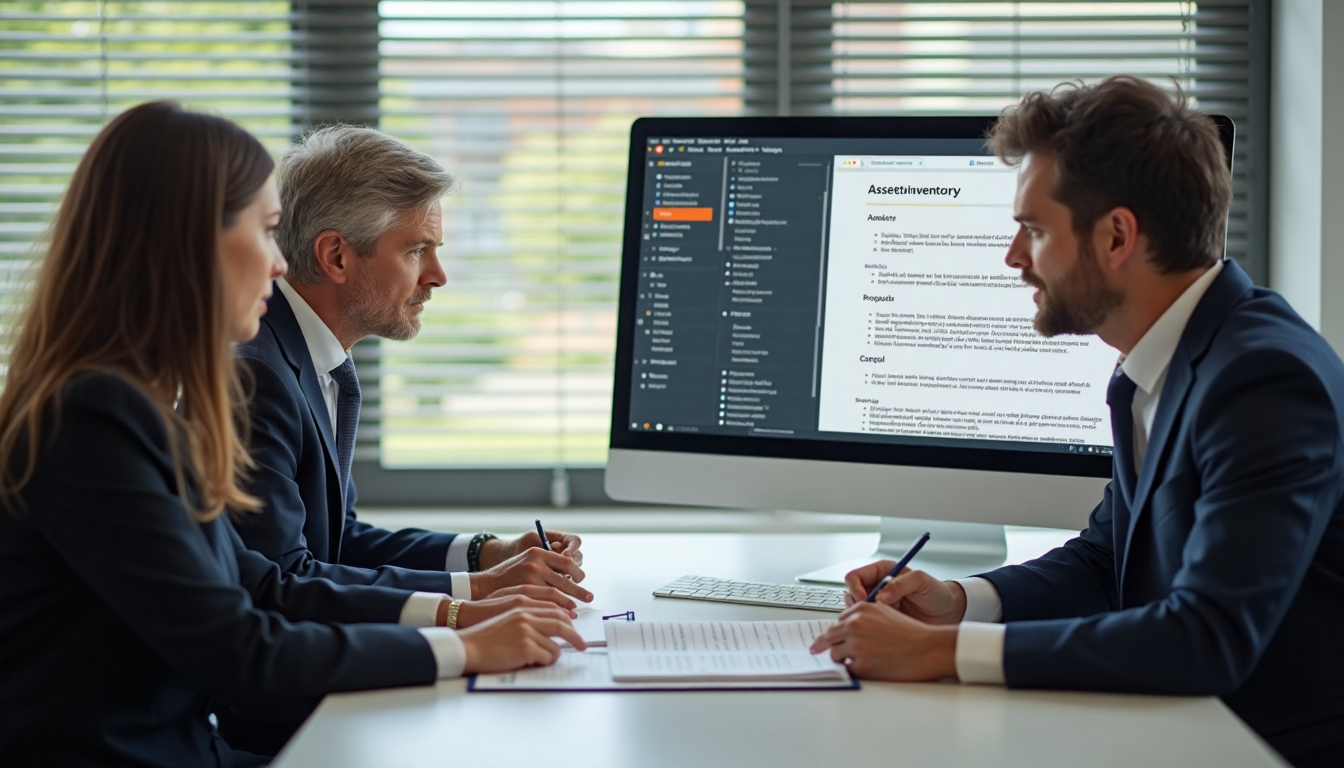 Attorney and executor reviewing estate asset inventory on computer