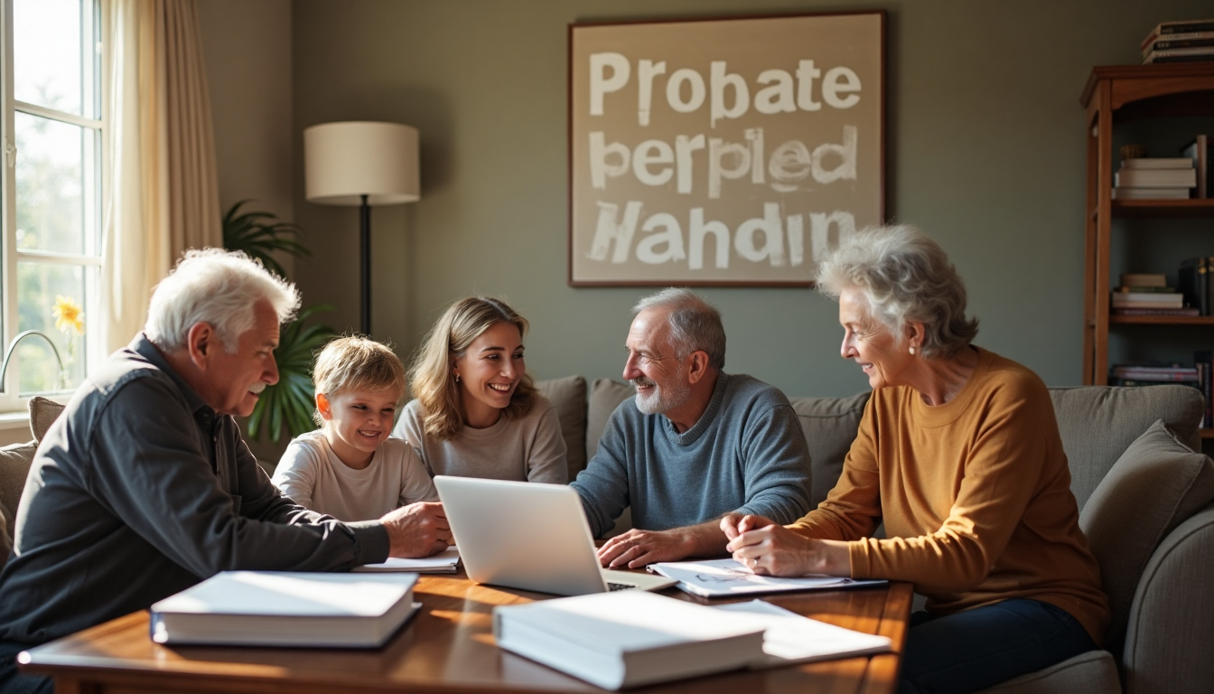 Family discussing probate documents in sunlit living room