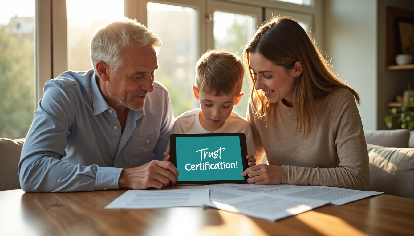 California family reviews trust certification on tablet in sunlit living room