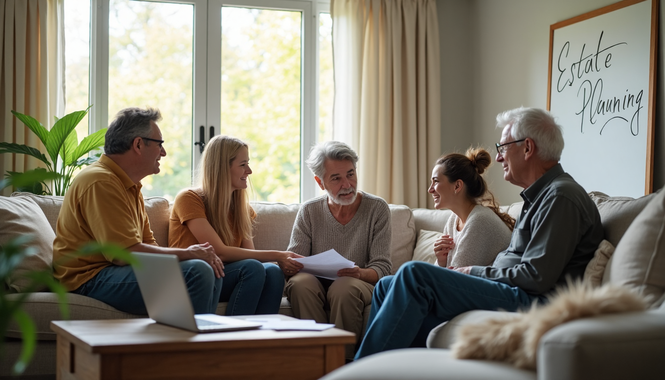 California family meeting estate attorney with 'Estate Planning' text on whiteboard