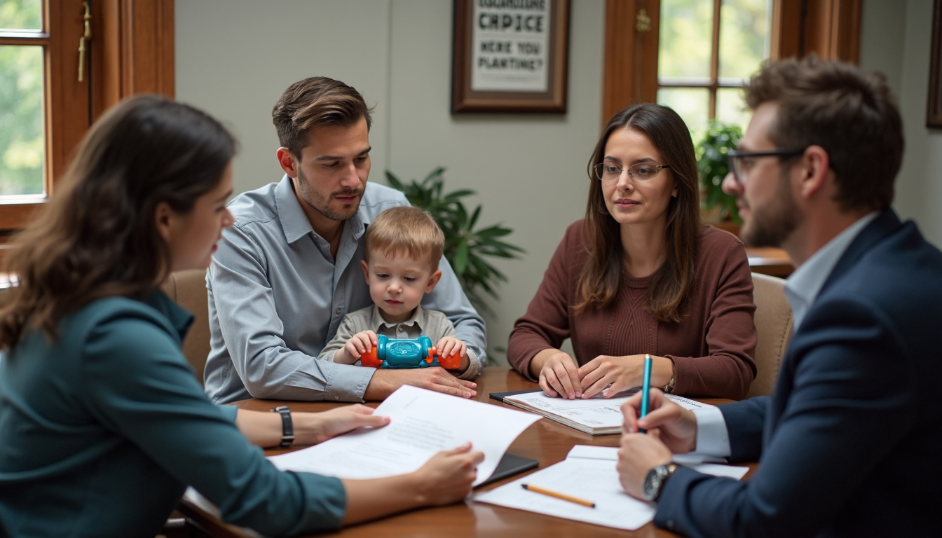 Parents and lawyer discuss guardianship for children in office
