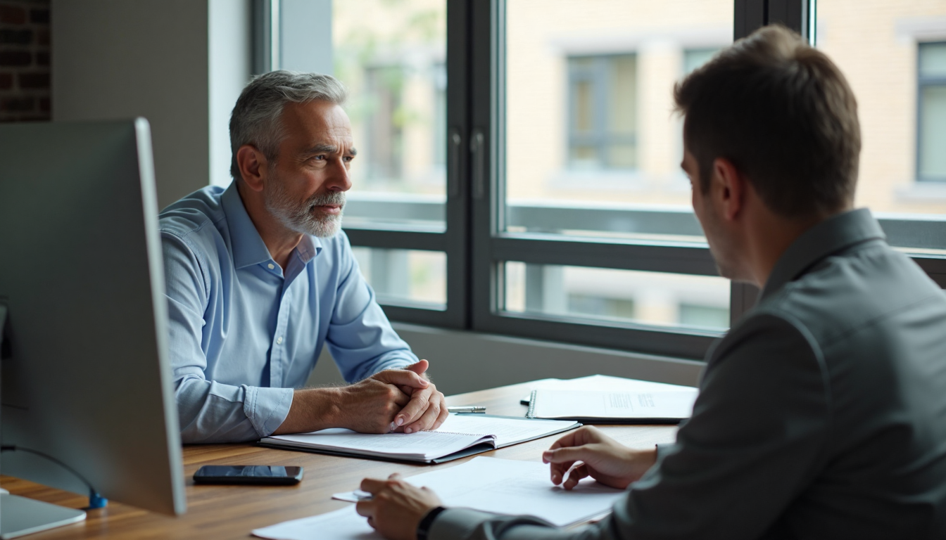Single person and advisor reviewing estate plan documents in office