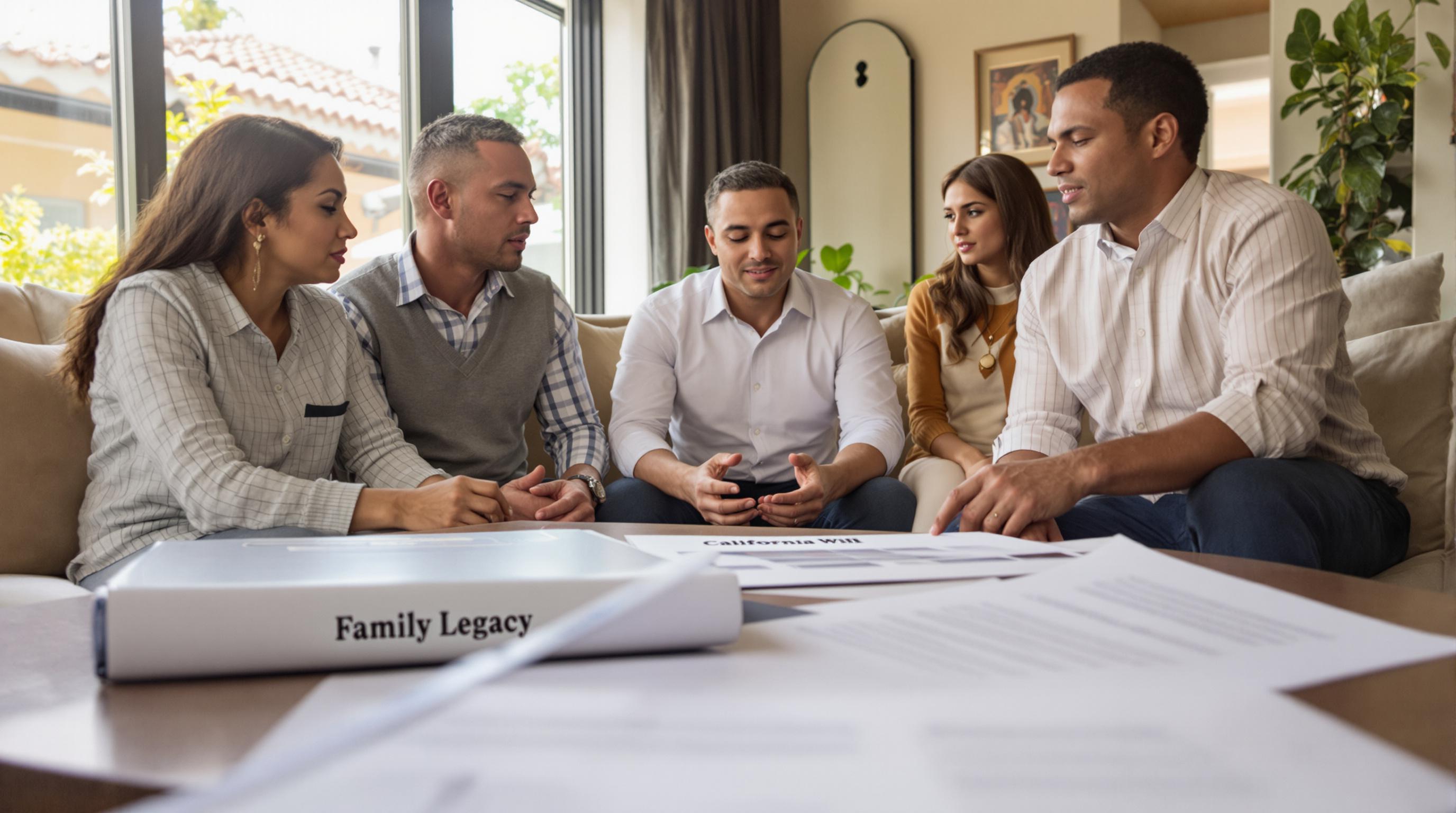 California family with attorney reviewing will legal documents