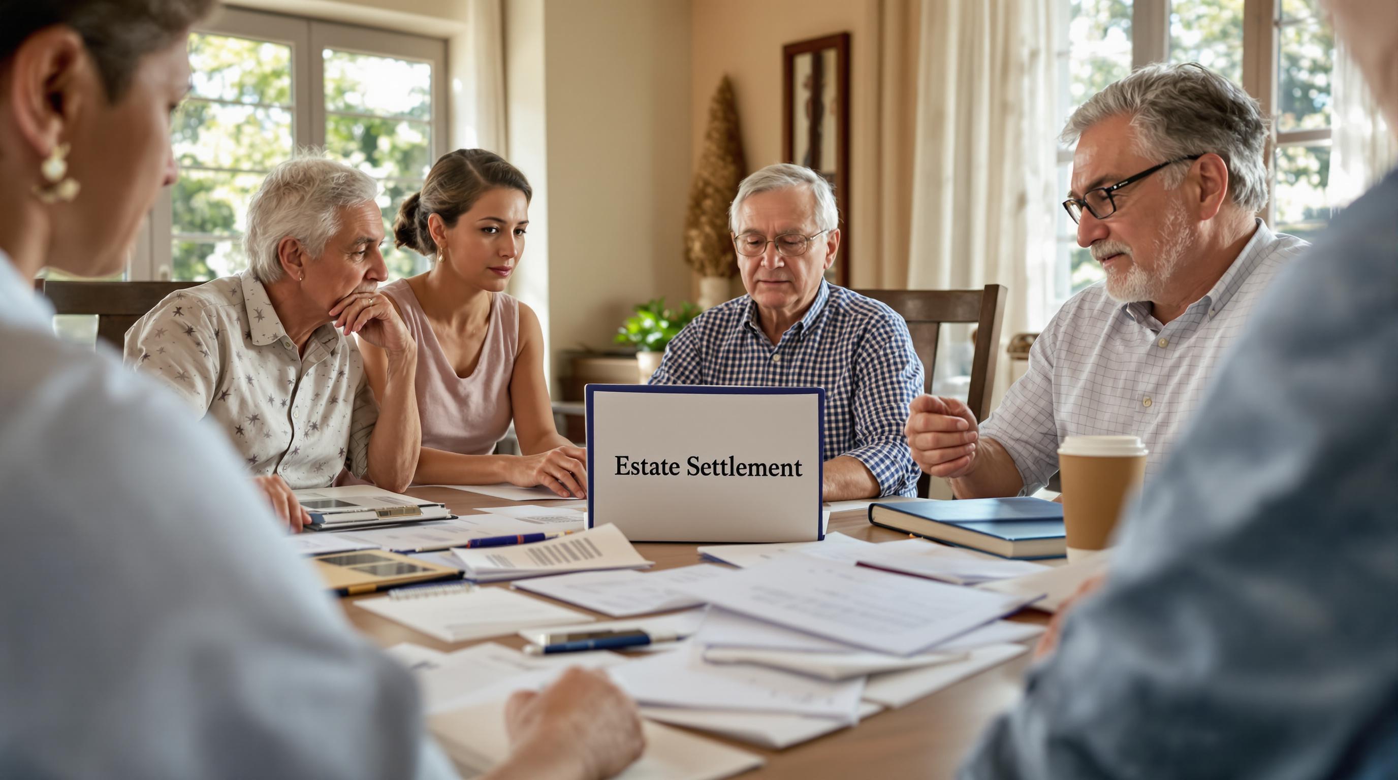 California family reviewing estate settlement paperwork together at a dining table