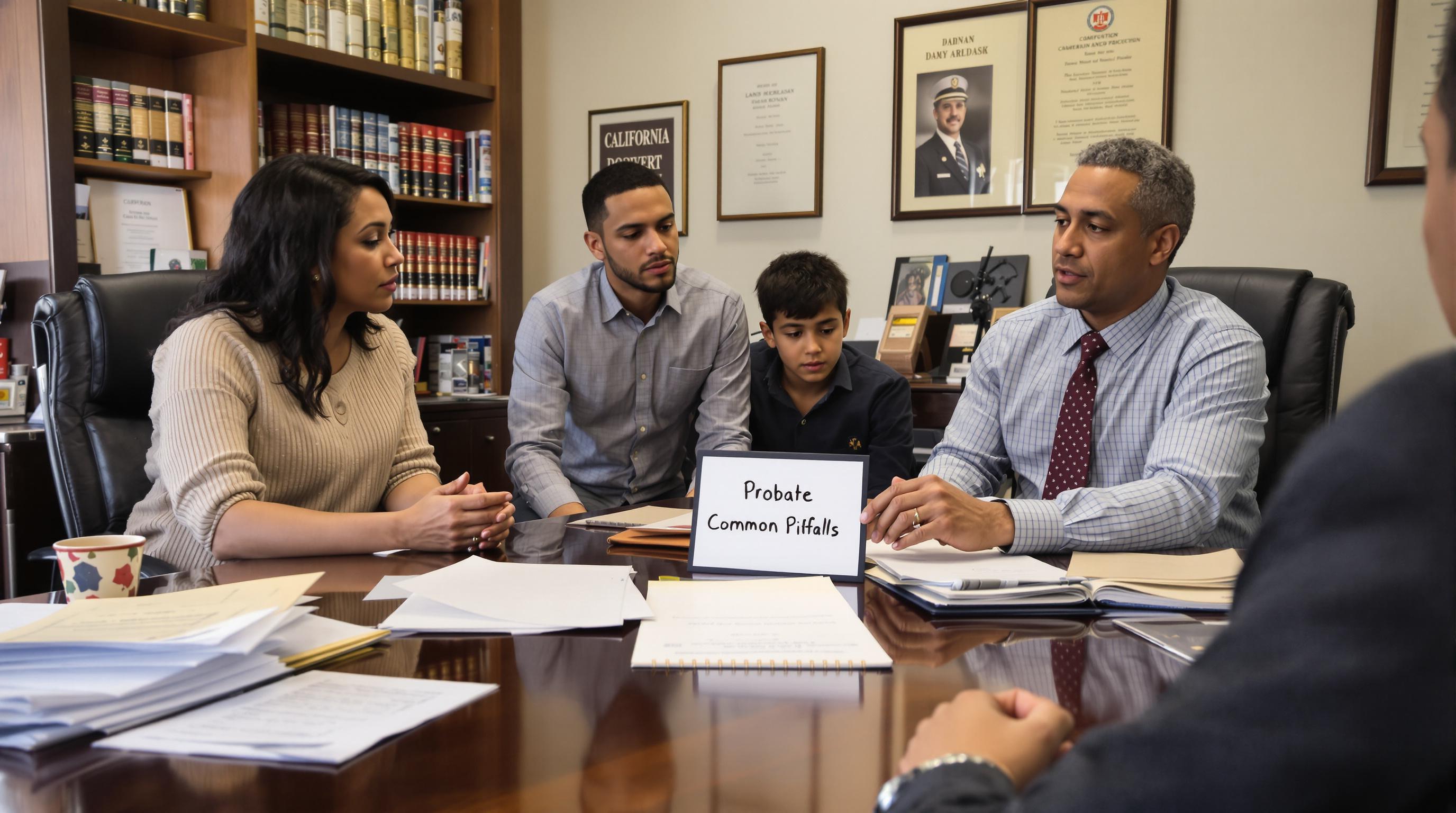Attorney explains probate pitfalls to a family at law office desk