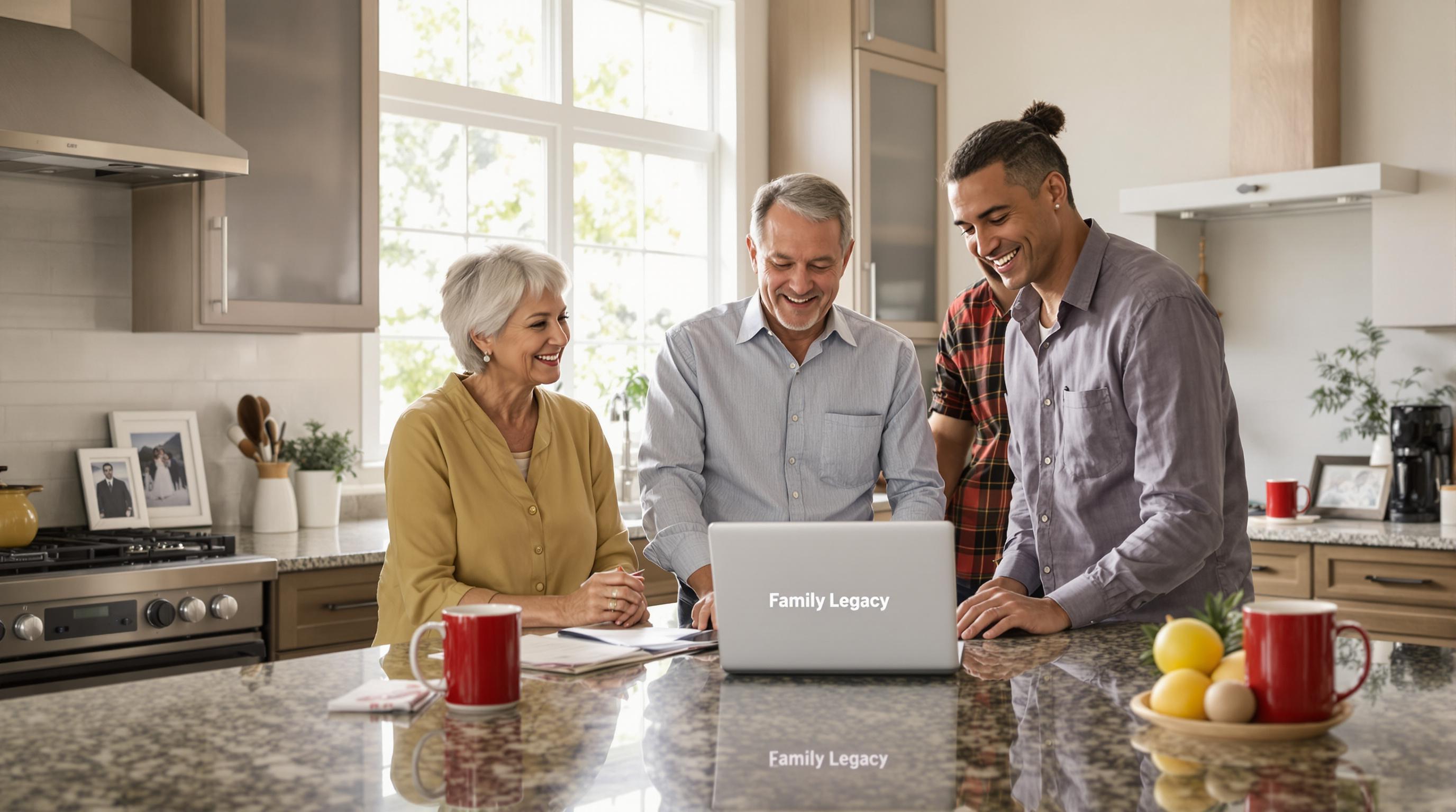 California family reviews legacy plan documents together at sunny kitchen island