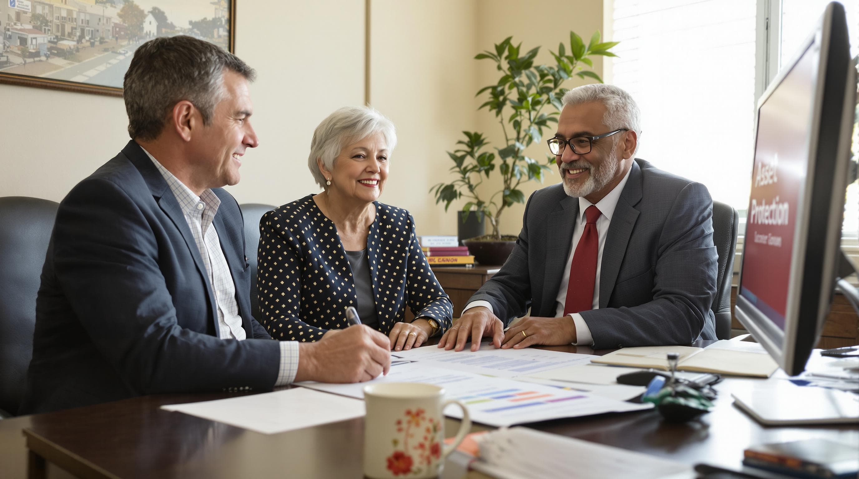 Attorney and multigenerational family reviewing estate planning documents together