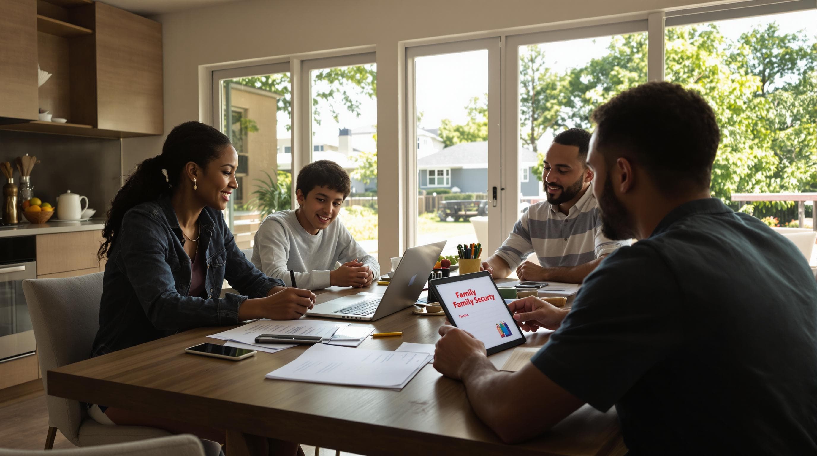 California family discussing estate planning at home table with papers