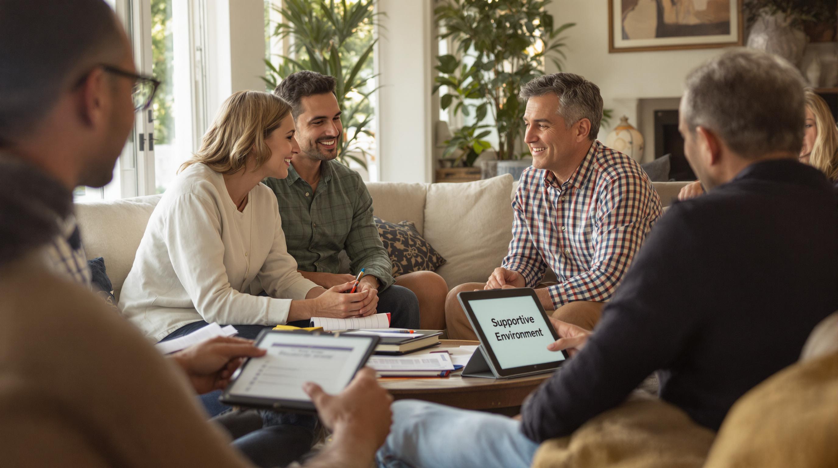 Family estate planning discussion with agenda in living room