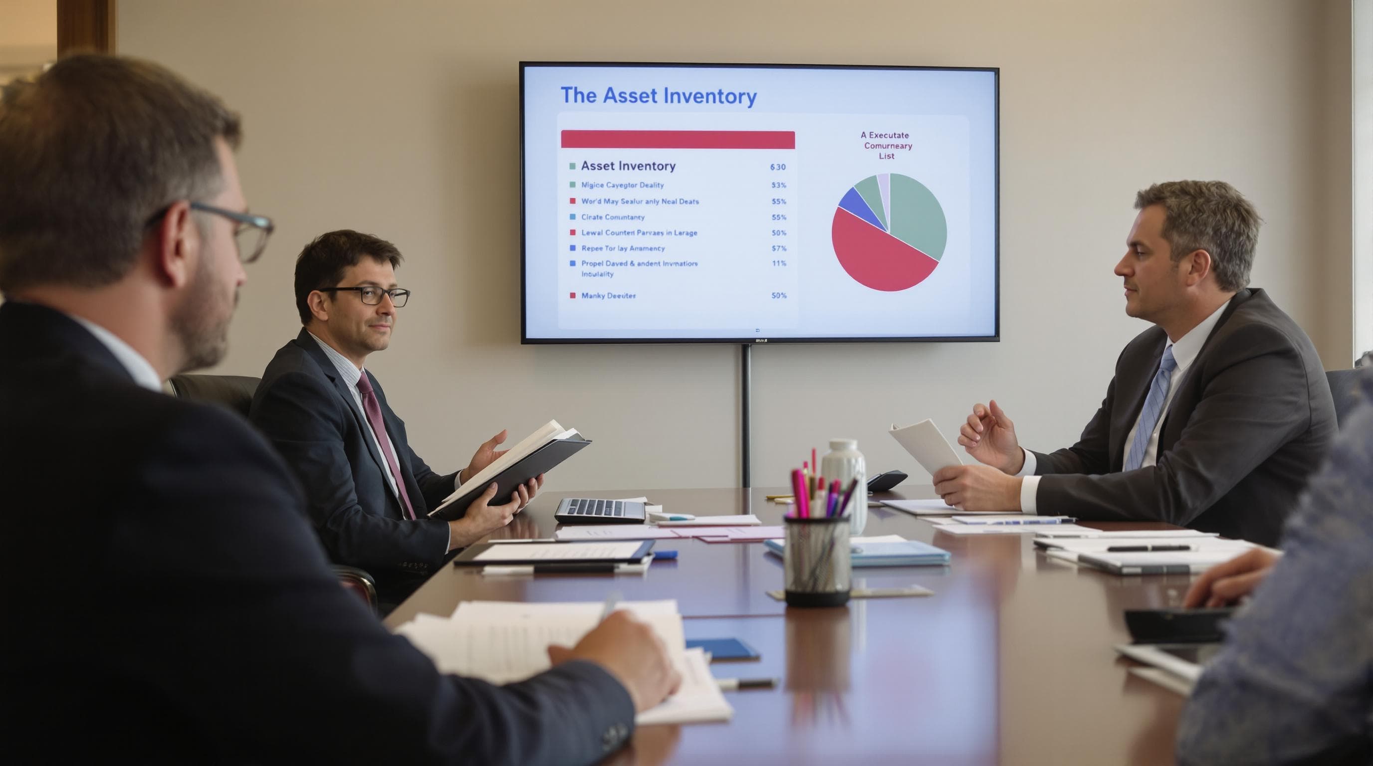 Probate executor and family reviewing estate asset inventory in meeting