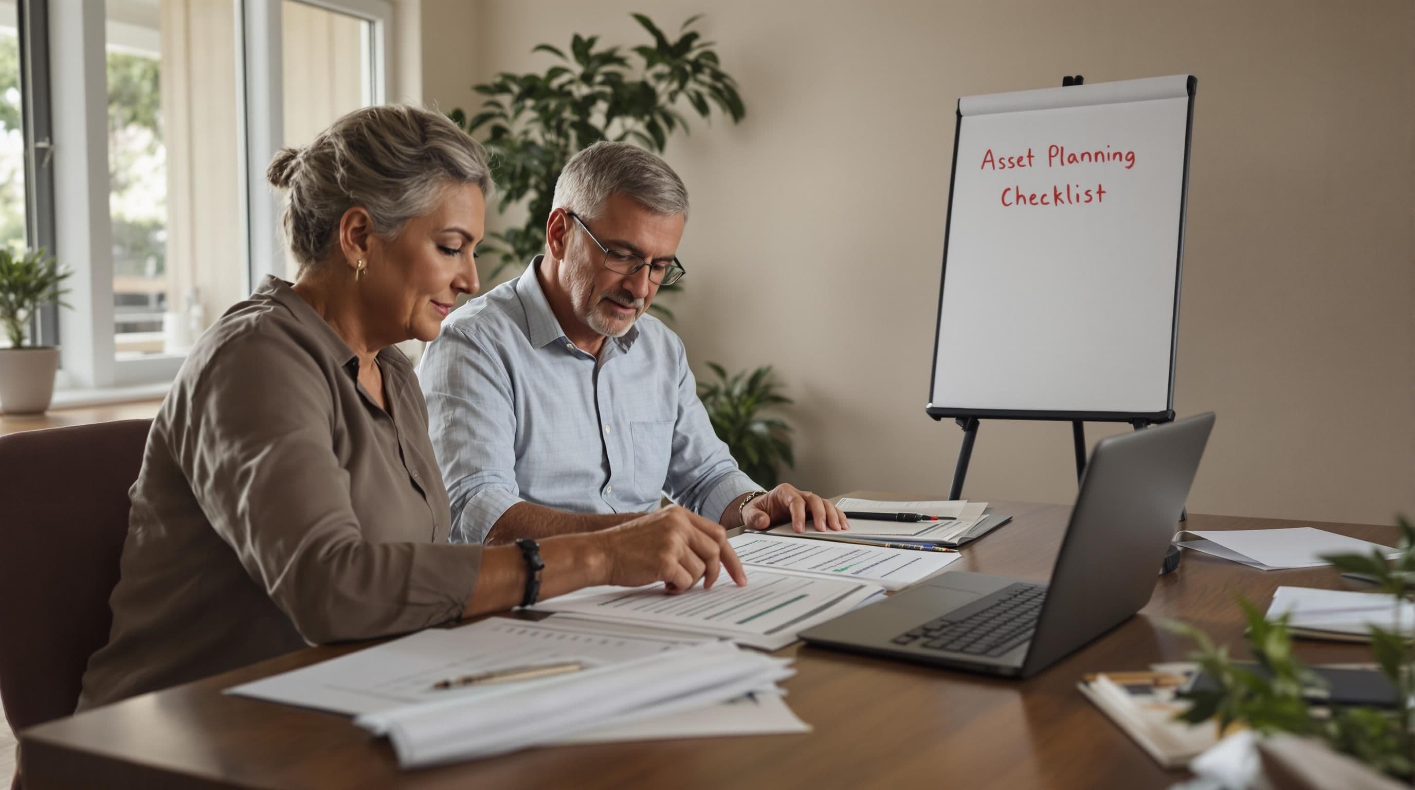 Couple and advisor reviewing asset inventory documents at table
