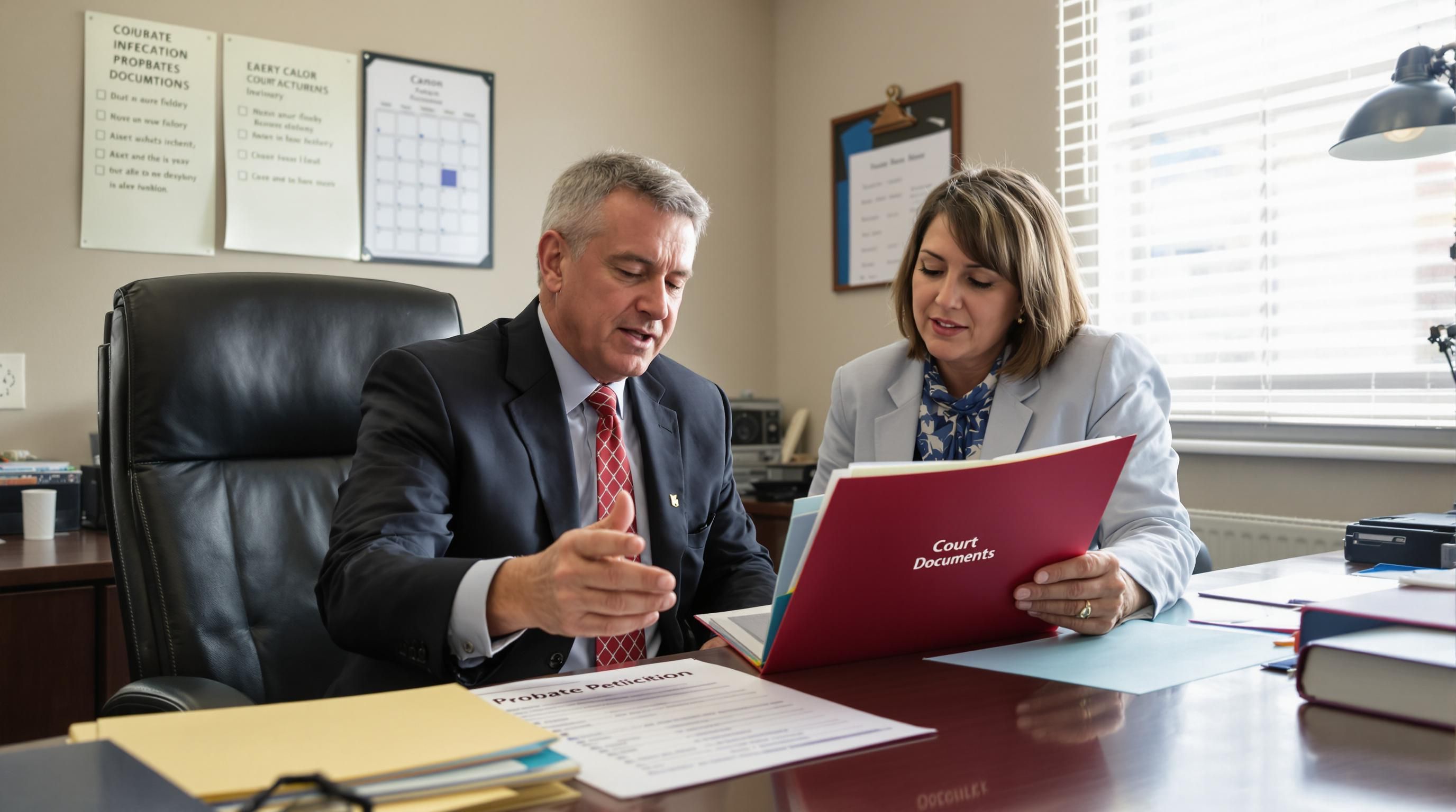 Executor and attorney reviewing California probate court documents