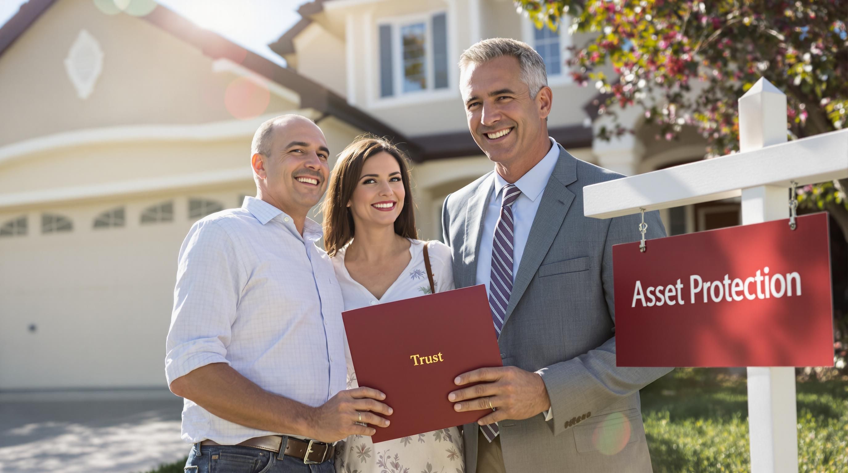 Homeowners and attorney discuss protected assets in front of home