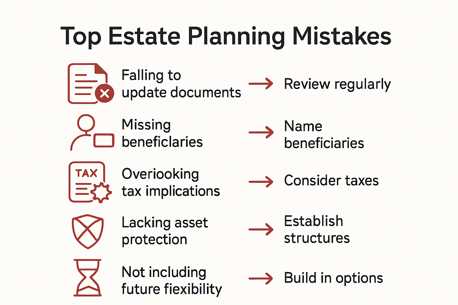 Infographic showing top five estate planning mistakes and solutions