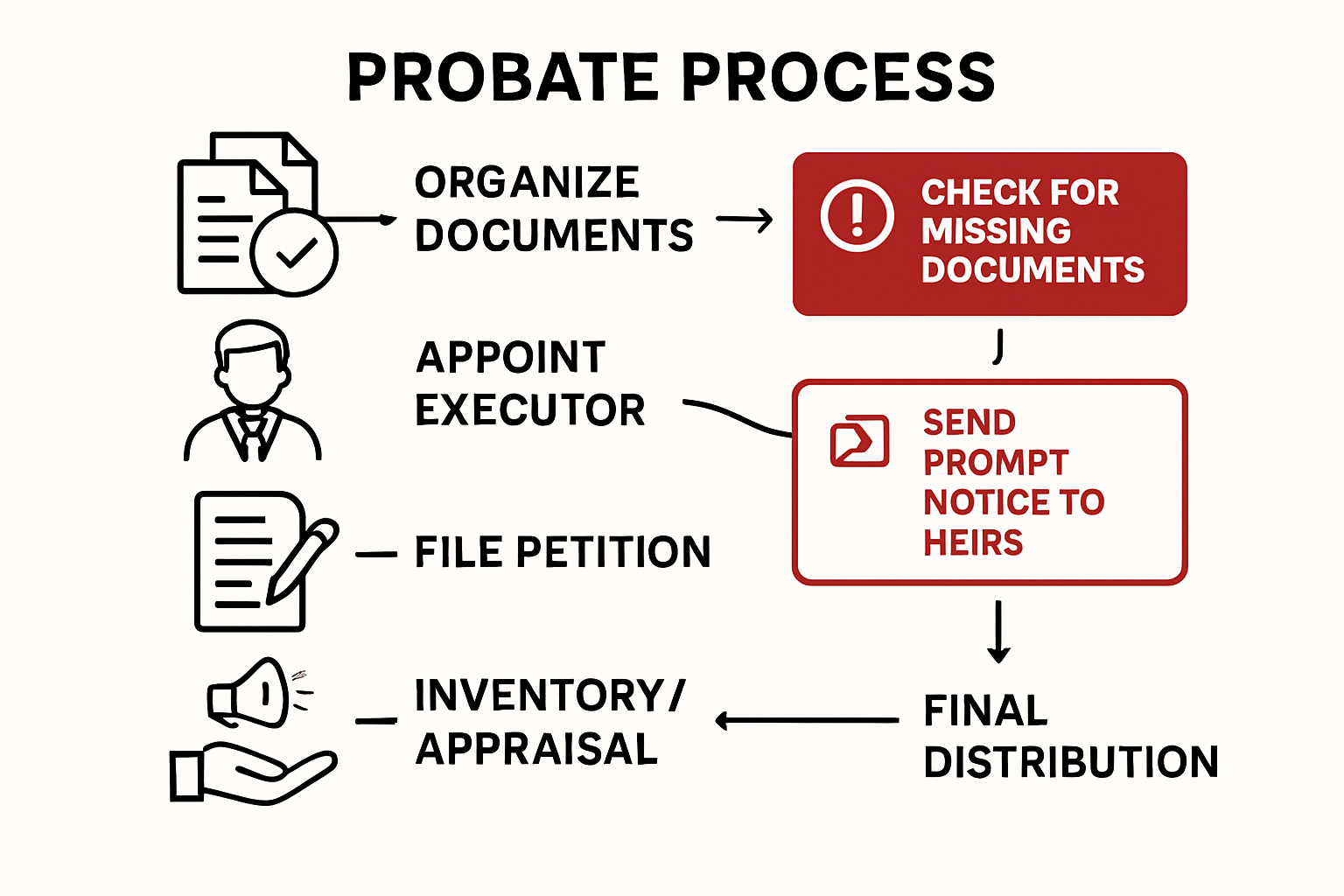 Illustrated infographic mapping probate process steps from document gathering to asset distribution
