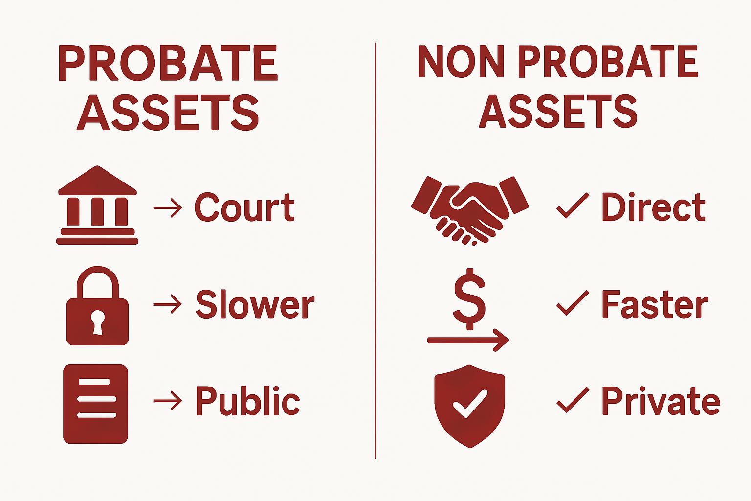 Infographic comparing probate and non probate assets key differences.