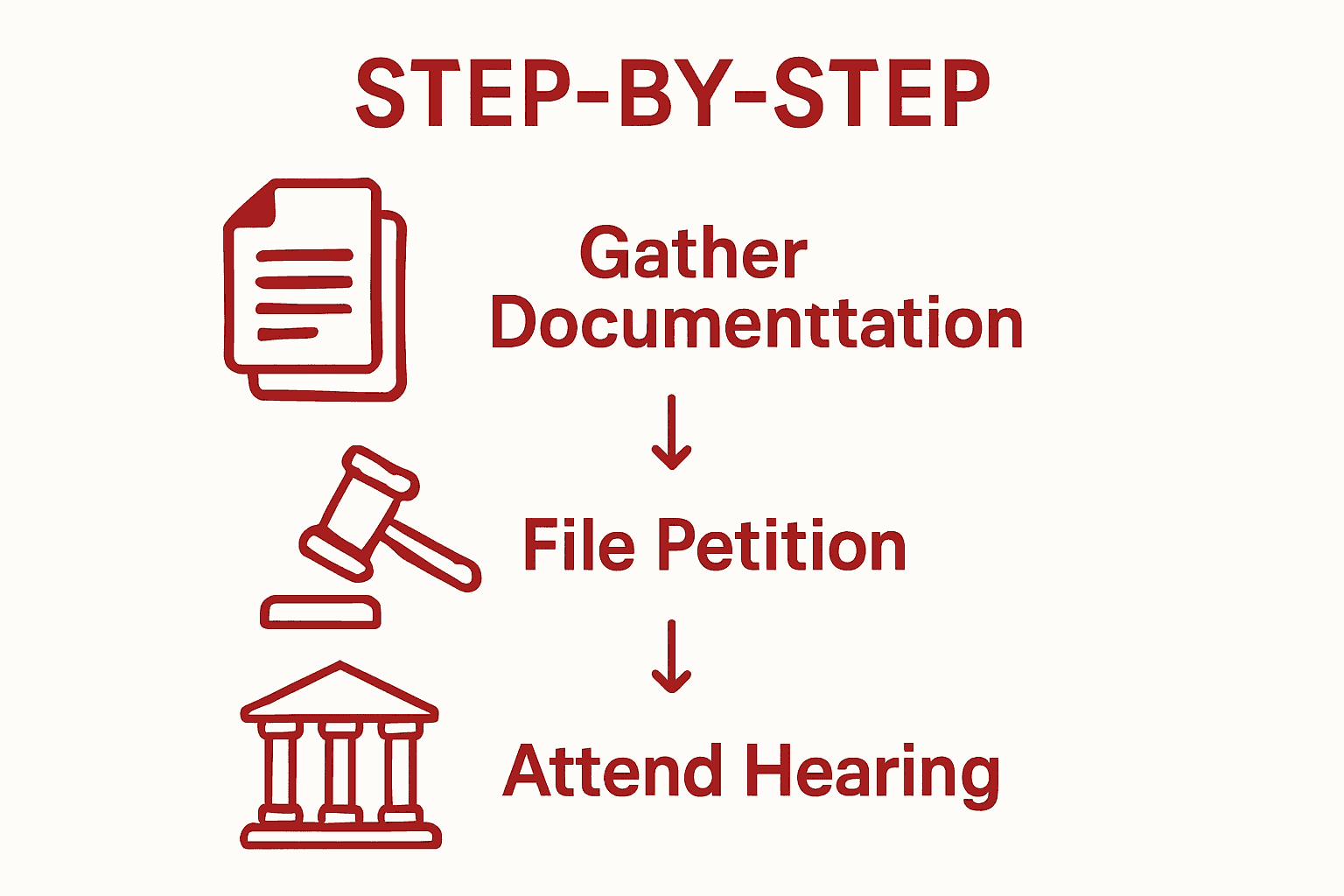 Simple infographic showing will contest steps: gather documents, file petition, attend hearing