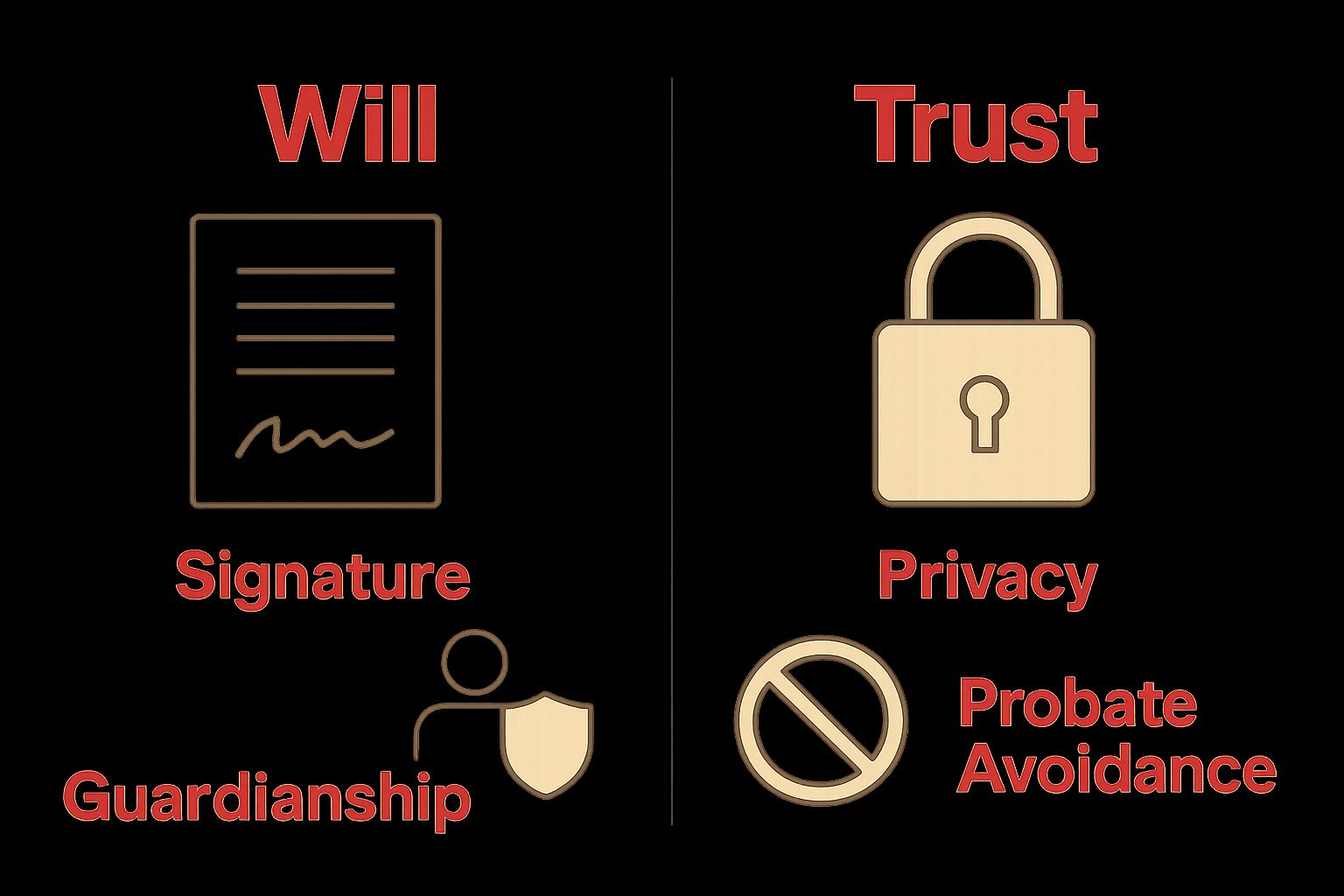 Infographic comparing will and trust features in California