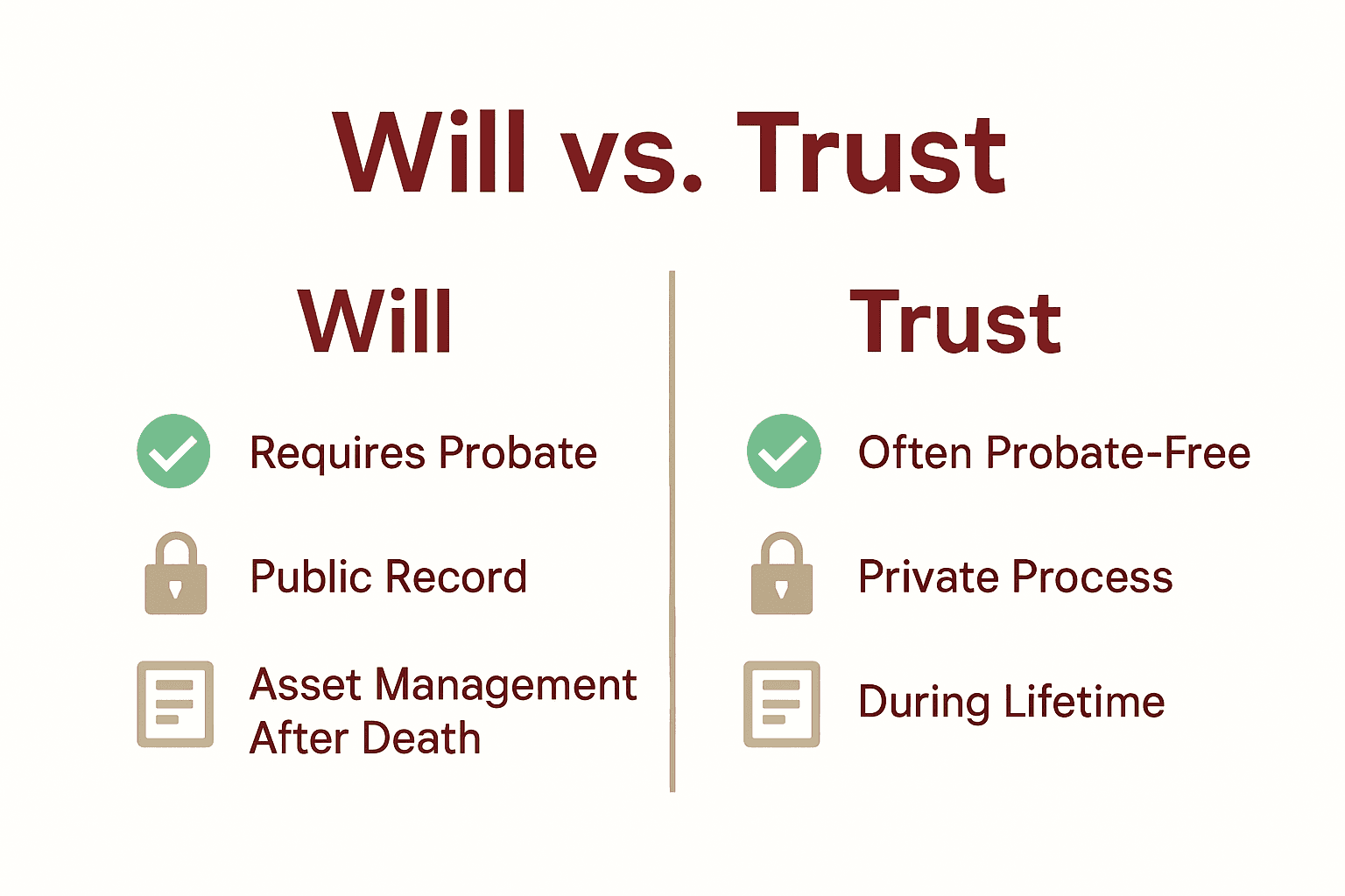 Infographic comparing will and trust features in California estate planning