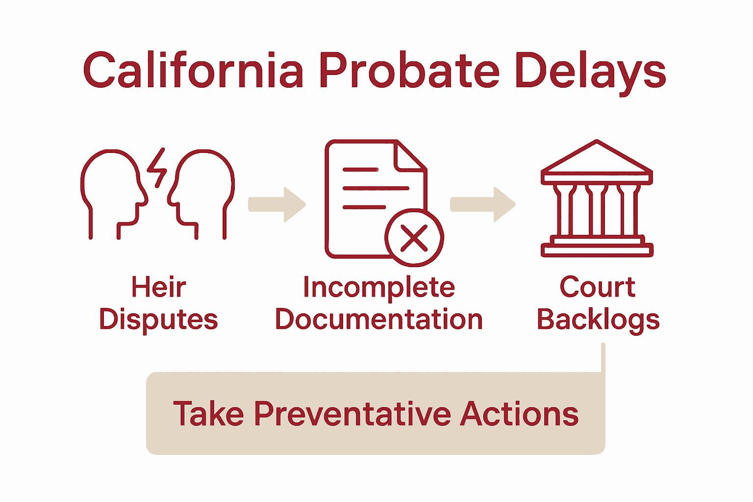 Infographic shows three major sources of California probate delays with icons and actions.